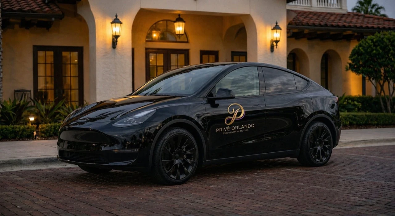 Black Tesla Model Y with Privé Orlando branding outside a warmly lit building