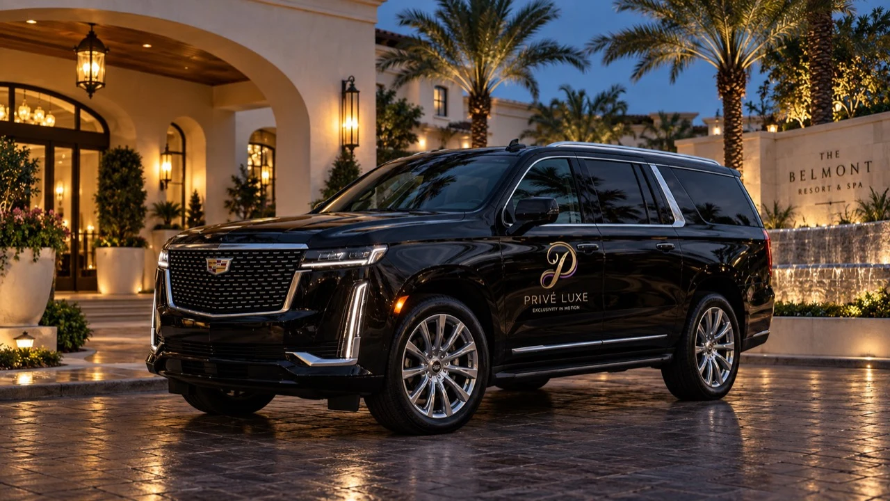 Black Cadillac SUV with Privé Luxe branding outside a palm-lined resort entrance at dusk